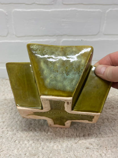 Covina Pottery Dark Green Glaze Mid-Century Cross Shaped Planter