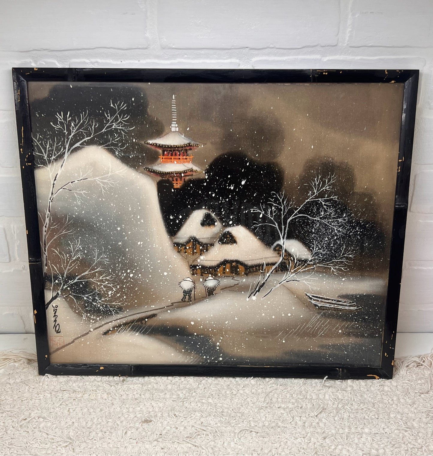 Vintage Framed Painting on Silk - Japanese Snowy Village Scene