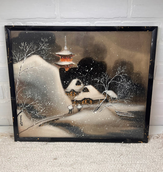 Vintage Framed Painting on Silk - Japanese Snowy Village Scene