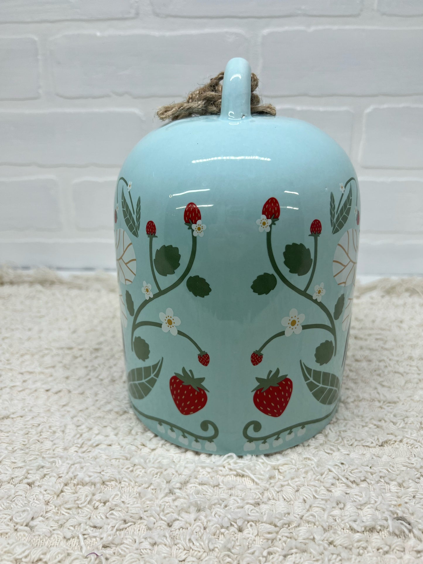 Blue ceramic strawberry bee bell