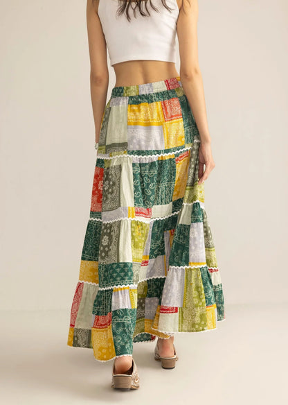 Junebug Patchwork Maxi Skirt in Green Multicolor Sizes S - XXXL