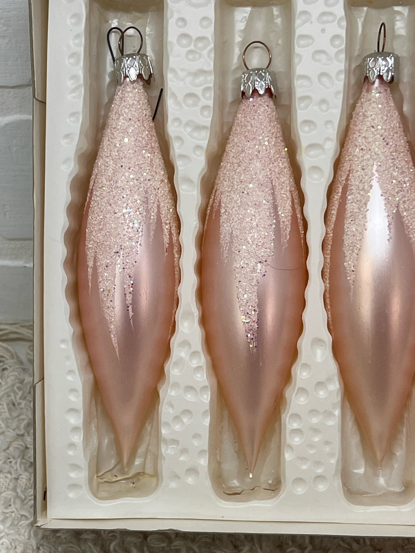 Vintage Pink Glass West German Icicle Ornament Set