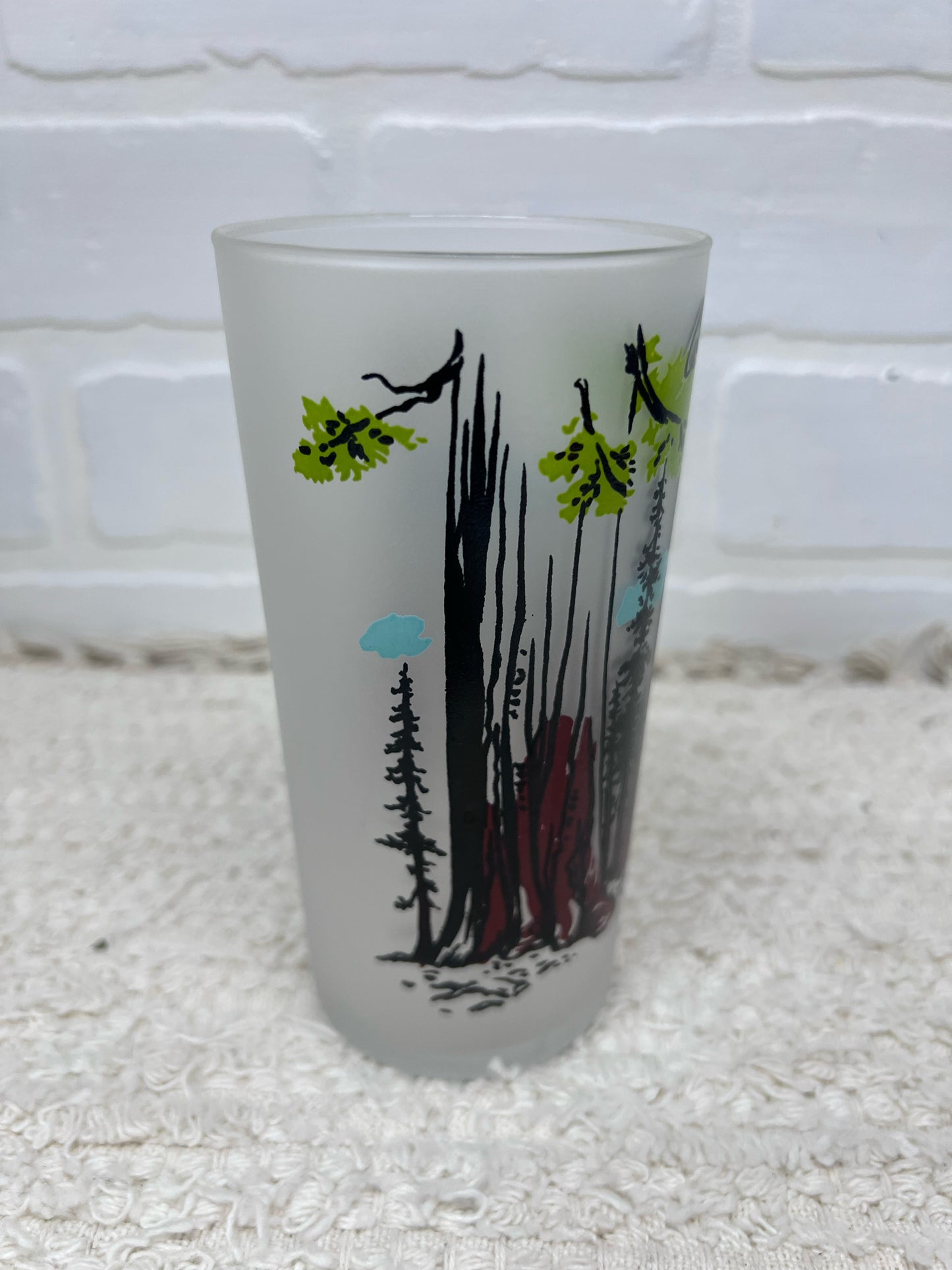 Vintage California Scenes Frosted Glasses Set of 8 Original Wire Carrier MCM Bar