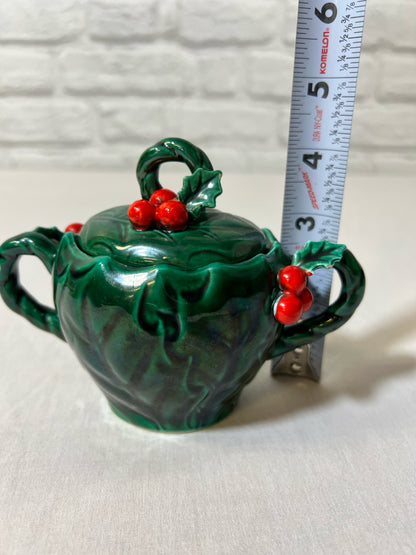 Lefton holly Christmas green sugar bowl