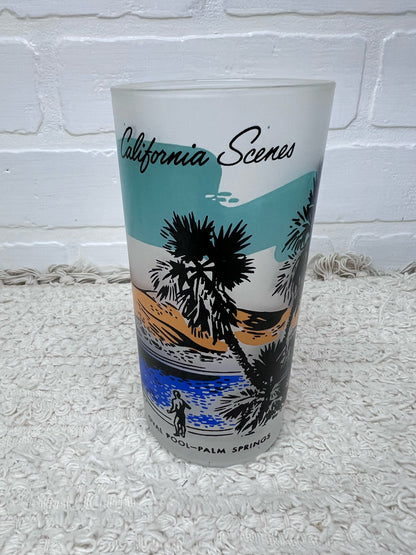 Vintage California Scenes Frosted Glasses Set of 8 Original Wire Carrier MCM Bar