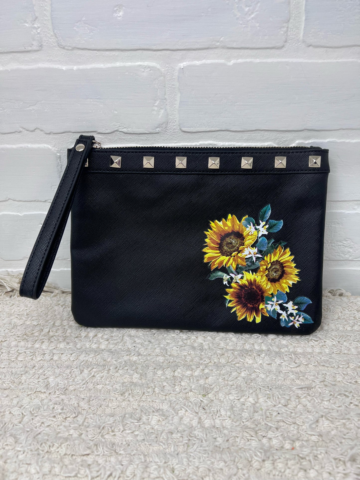 White House Black Market Wristlet Bag Black w/ Sunflowers