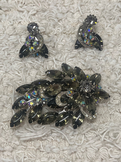 Vintage smoky glass stone/AB rhinestone pin & earrings set