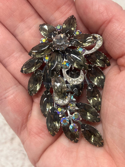 Vintage smoky glass stone/AB rhinestone pin & earrings set
