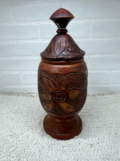 Vintage turned wood hand carved lidded urn