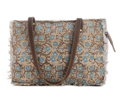 Myra Bag San Ysidro Falls Small Tote Bag – Floral Canvas & Leather Handbag with Frayed Edges and Zipper Pocket, 14"x10", Women’s Boho Everyday Bag