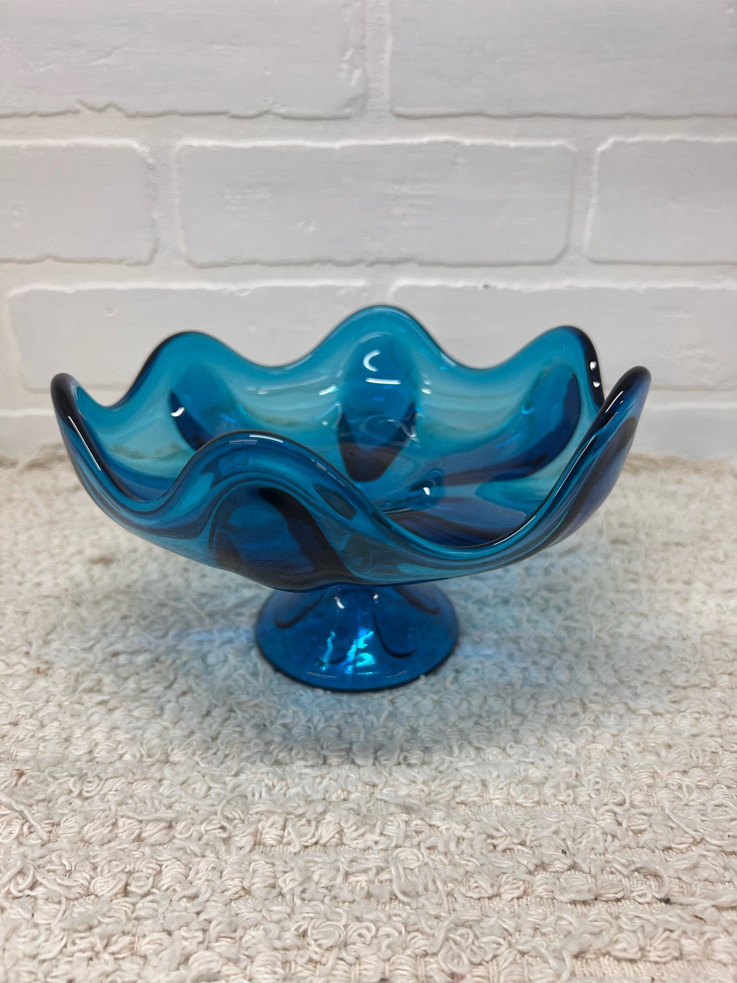 Viking Glass MCM Six Petal Blue Compote Pedastal Bowl