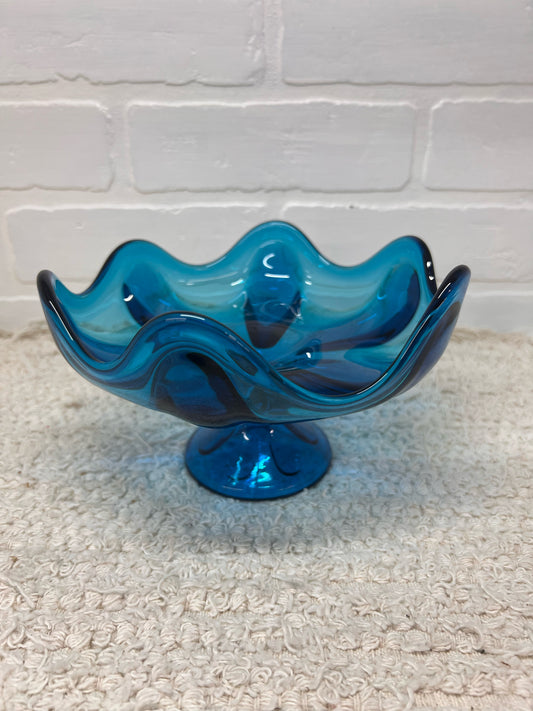 Viking Glass MCM Six Petal Blue Compote Pedastal Bowl