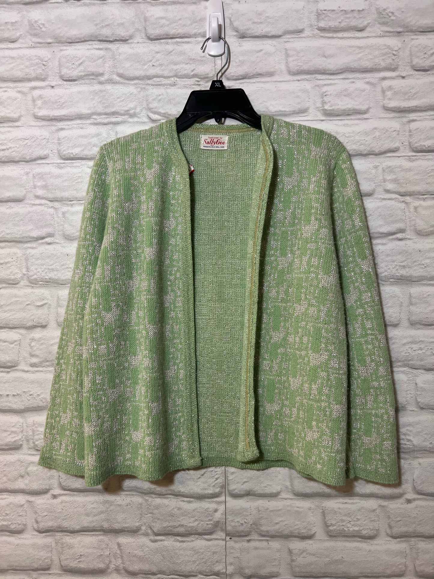 Size M Sally Gee Vintage Mint Green Cardigan with Metallic Detail