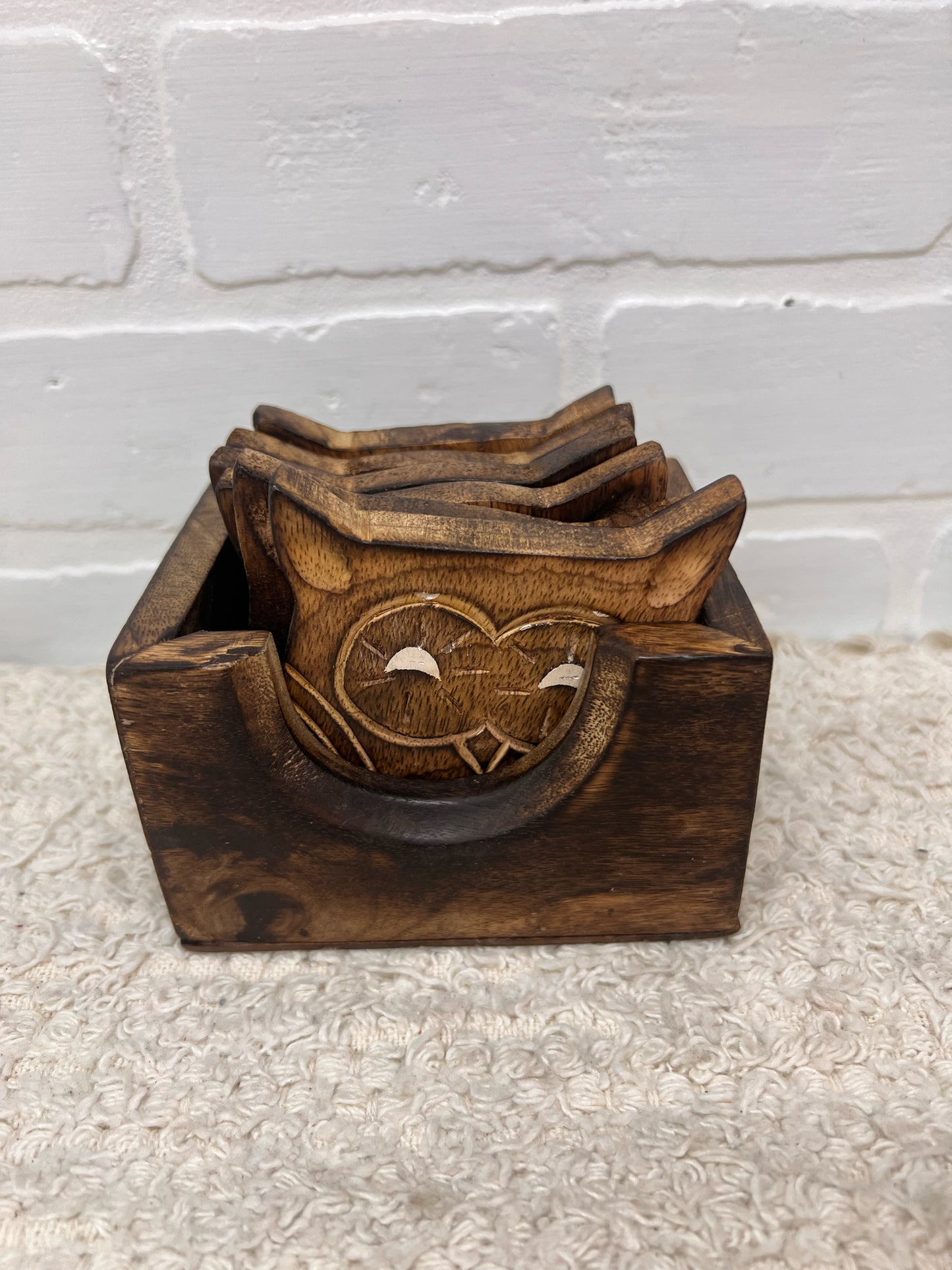 Vintage Wood Owl Coaster Set - Made in India - 6 coasters in box