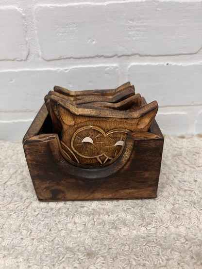 Vintage Wood Owl Coaster Set - Made in India - 6 coasters in box