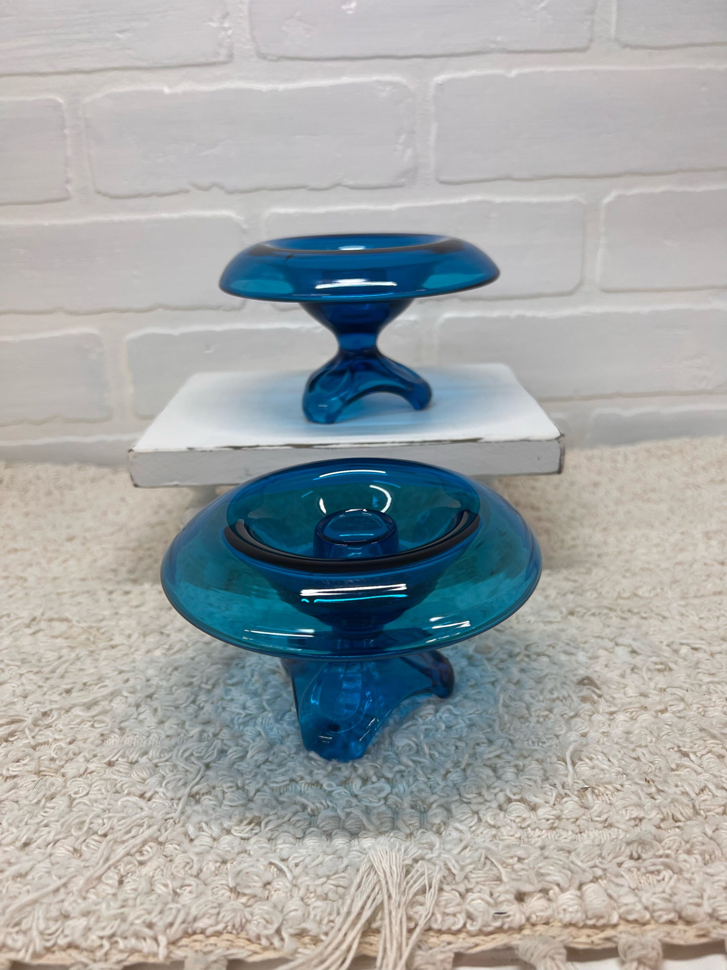 Viking Glass MCM Blue Blown Glass Taper Candle Holders (2)