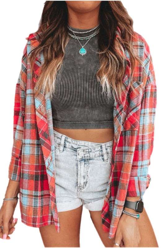 Red/ Multicolor Plaid Print Button Down Shirt