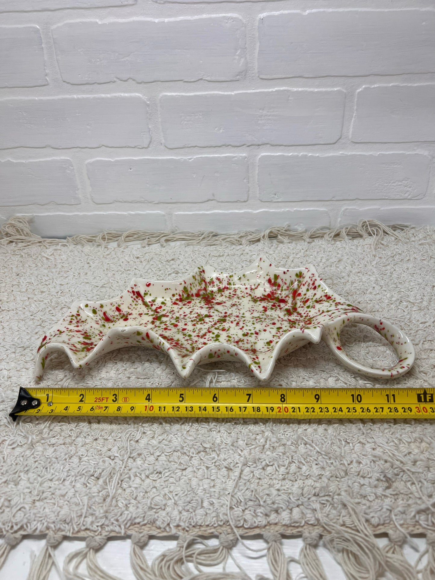 Vintage Ceramic Spatterware 1970's Holly Leaf Tray